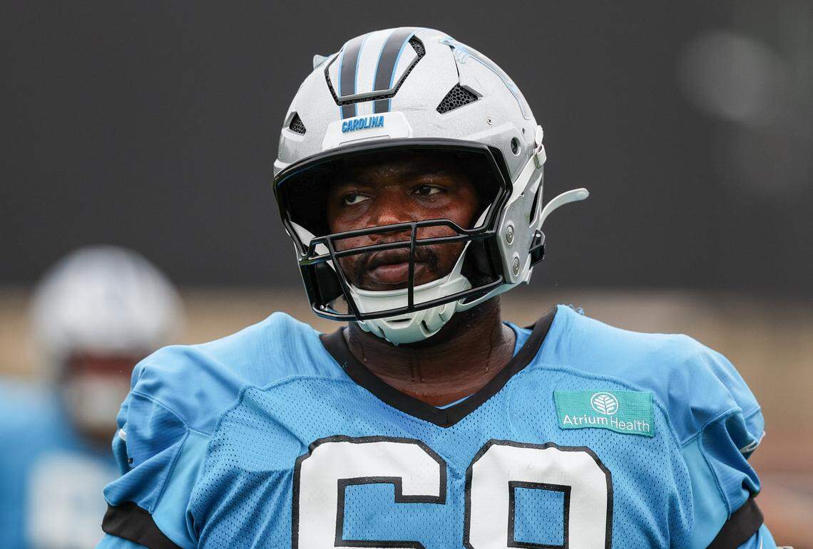 Panthers guard Damien Lewis between drills ahead of joint practice with the Browns at training camp in Charlotte, North Carolina, on Wednesday, Aug. 6, 2025.