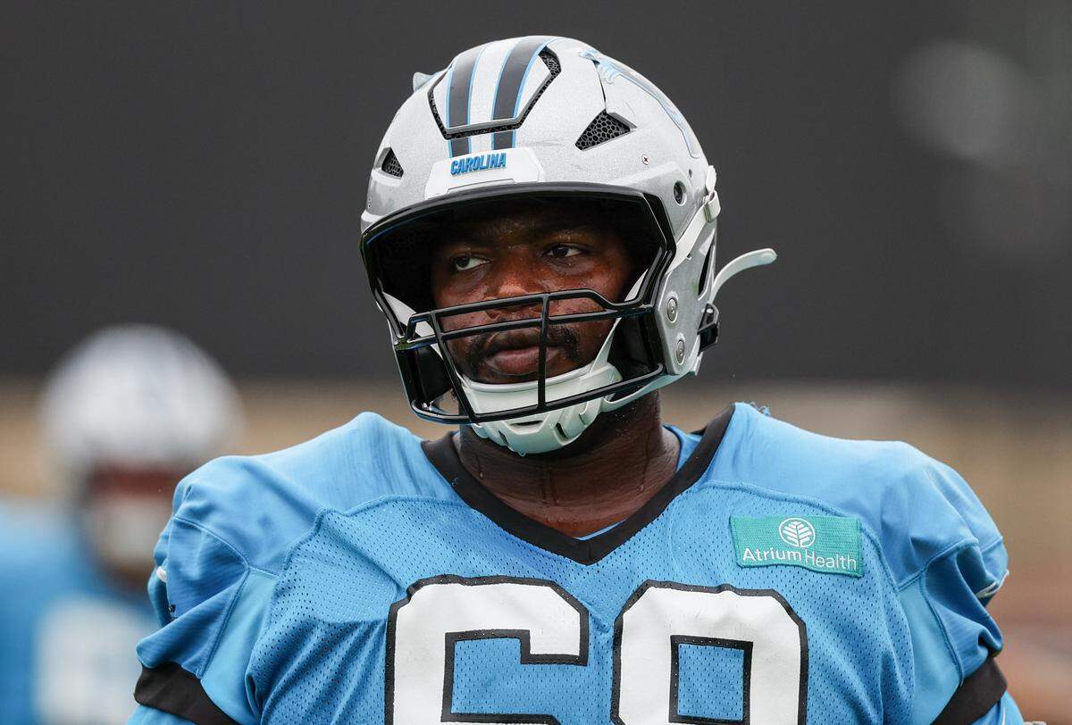Panthers guard Damien Lewis between drills ahead of joint practice with the Browns at training camp on Aug. 6.