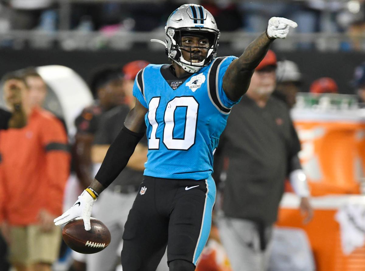 Carolina Panthers wide receiver Curtis Samuel (10) celebrates his long catch past Tampa Bay Buccaneers cornerback Vernon Hargreaves III (28) during the first half at Bank of America Stadium in Charlotte, NC on Thursday, September 12, 2019.