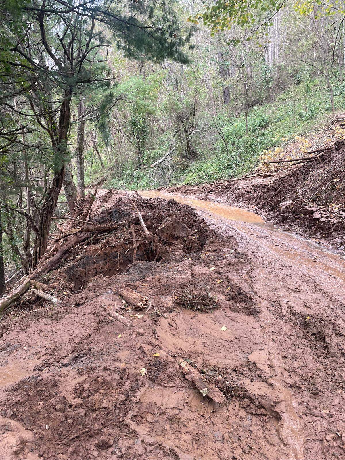 A portion of Old Toe River Road that was hit by a mudslide. Trees blocking it had just recently been cleared by locals using their own equipment and fuel.