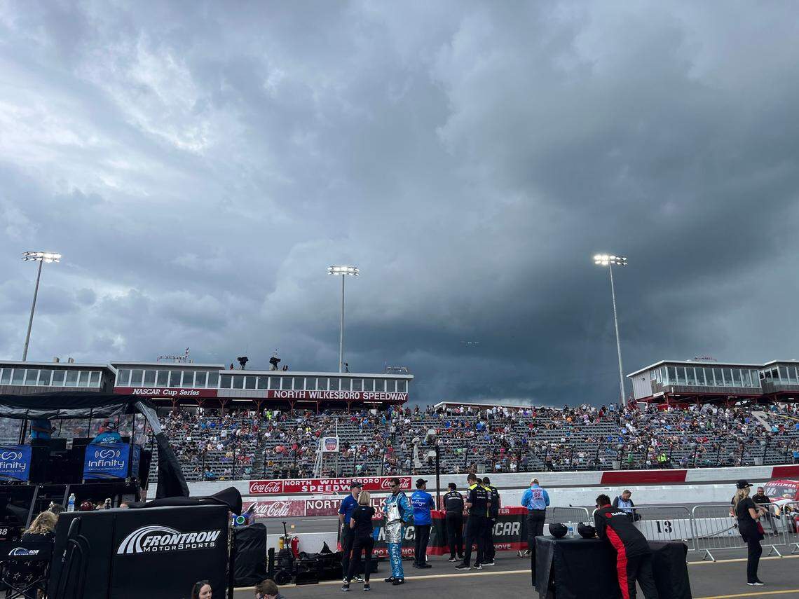 Ominous skies at North Wilkesboro Speedway on Saturday, moments before a downpour that wiped out the NASCAR All-Star heat races.