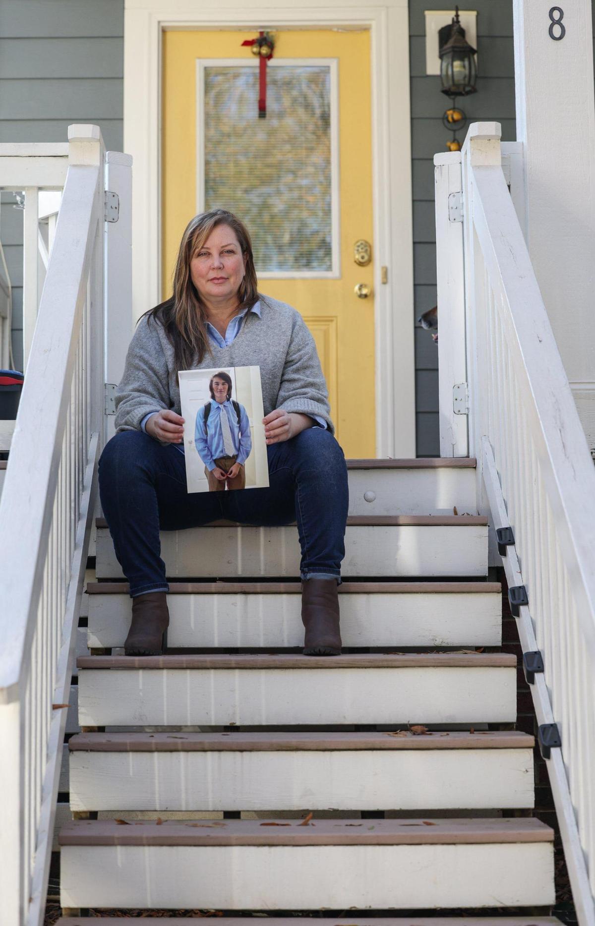 Gwyneth Brown holds a photo of her son, Laird Ramirez, who died last July after taking a pressed pill that disguised fentanyl as a Percocet, his parents said.