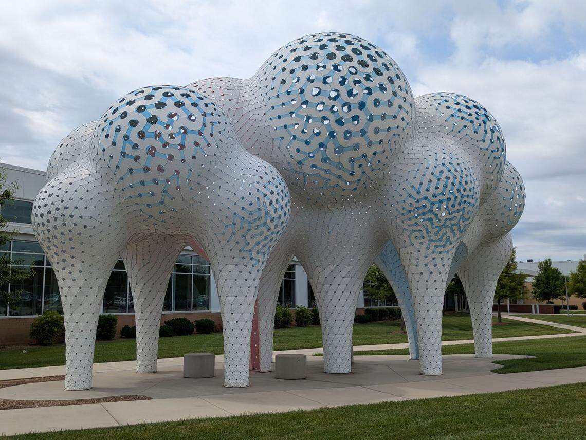 “Pillars of Dreams” was created by New York-based artist Marc Fornes of THEVERYMANY studio. Located in front of Mecklenburg County’s Valerie C. Woodard Center, it’s Fornes’ second public artwork in Charlotte.