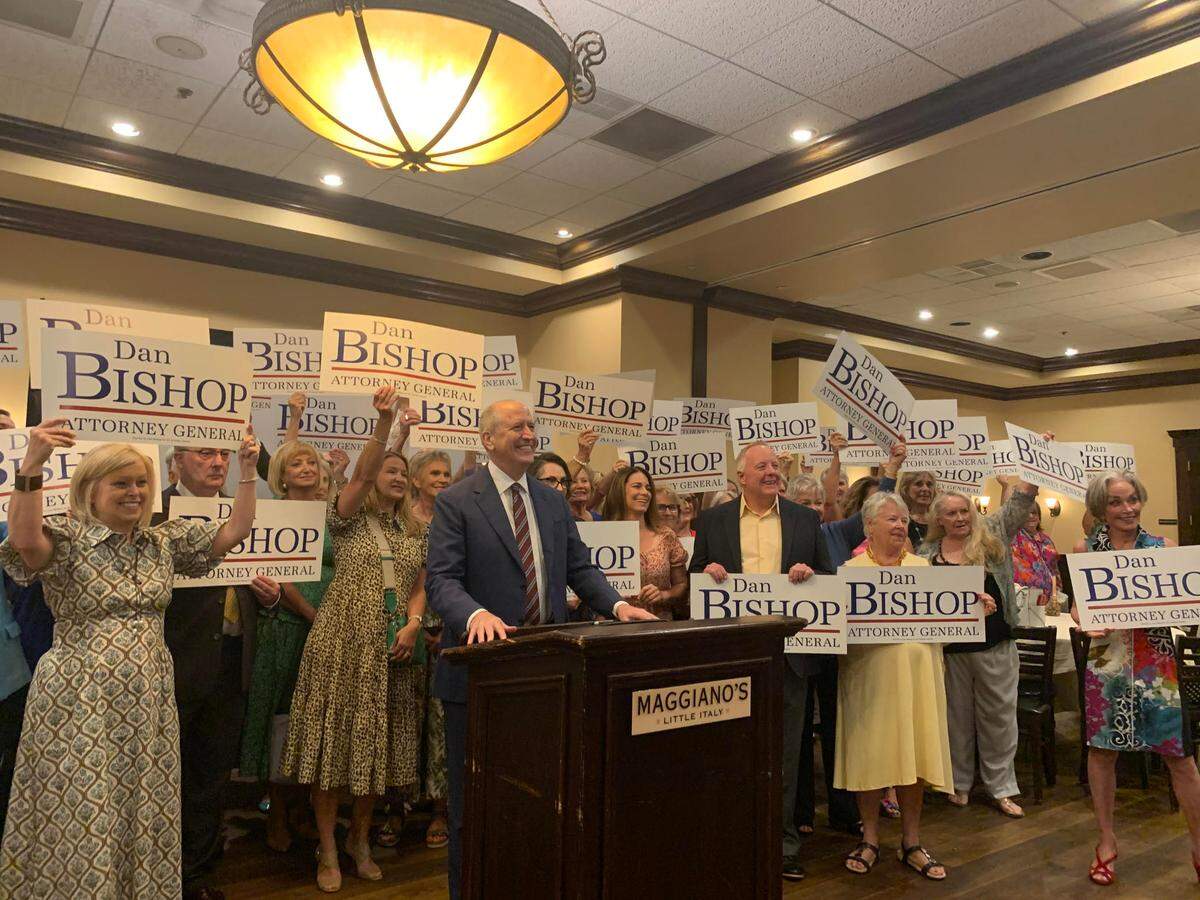 U.S. Rep. Dan Bishop, R-N.C., poses with members of the Republican Women of Greater Charlotte after a lunch at Maggiano’s Little Italy in SouthPark in August 2023.