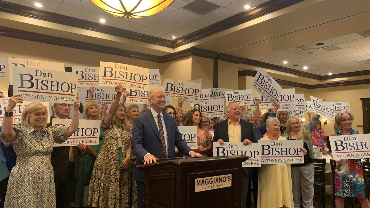 U.S. Rep. Dan Bishop, R-NC, poses with members of the Republican Women of Greater Charlotte after a lunch at Maggiano’s Little Italy in SouthPark on Wednesday. Bishop has announced he’s running for North Carolina attorney general in 2024 rather than seeking another term in Congress.