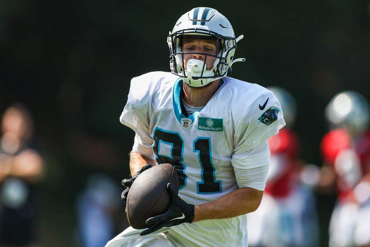 Panthers wide receiver C.J. Saunders catches a pass during practice at Training Camp on Tuesday, August 2, 2022 in Spartanburg, SC.