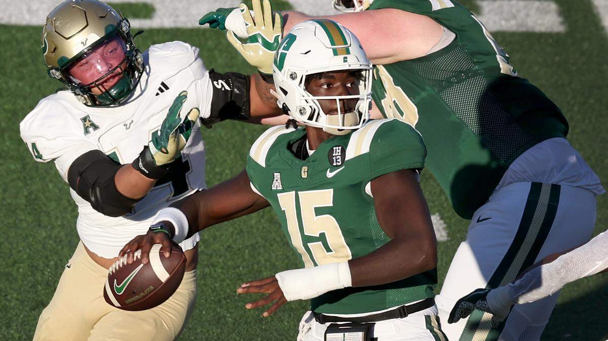 Charlotte 49ers quarterback Deshawn Purdie, center, drops back to pass to a receiver during action against South Florida on Saturday, November 16, 2024 at Jerry Richardson Stadium.