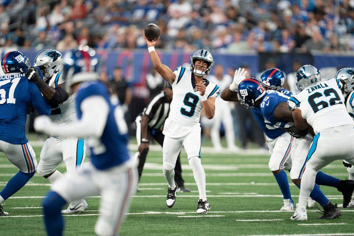 Aug 18, 2023; East Rutherford, NJ, USA; The Carolina Panthers vs. the New York Giants in an NFL preseason game at MetLife Stadium. Carolina Panthers quarterback Bryce Young (9). Mandatory Credit: Michael Karas-The Record