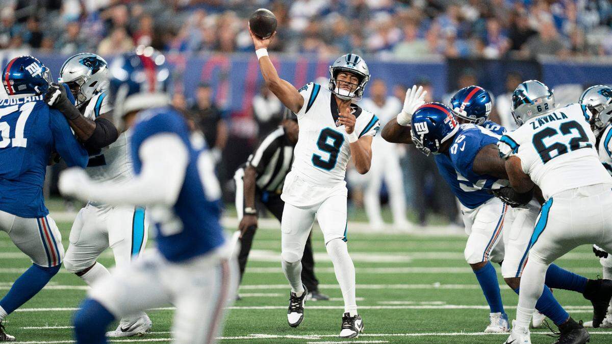 Carolina Panthers rookie quarterback Bryce Young throws a pass during a preseason NFL game against the Giants at MetLife Stadium on Friday, August 18. Young led his first NFL scoring drive during the Panthers’ 21-19 loss.