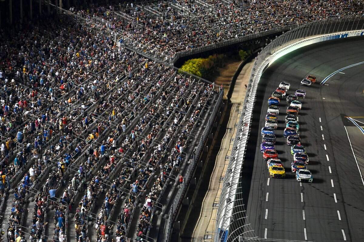 The field in the Coca-Cola 600 come to the starting line during the Coca-Cola 600 at Charlotte Motor Speedway on Sunday, May 29, 2022. Driver Denny Hamlin held off Kyle Busch for the victory.