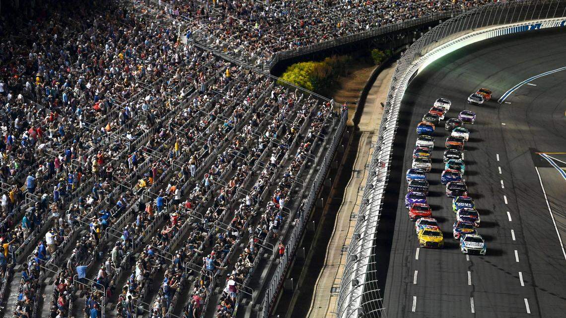 The field in the Coca-Cola 600 come to the starting line during the Coca-Cola 600 at Charlotte Motor Speedway on Sunday, May 29, 2022. Driver Denny Hamlin held off Kyle Busch for the victory. 