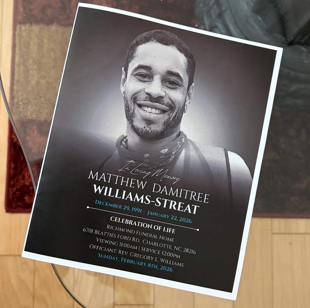 The program of Matthew Williams-Streat who was found dead during Mecklenburg County’s Point-in-Time Count in January. He was part of a growing population of people who are experiencing homelessness.