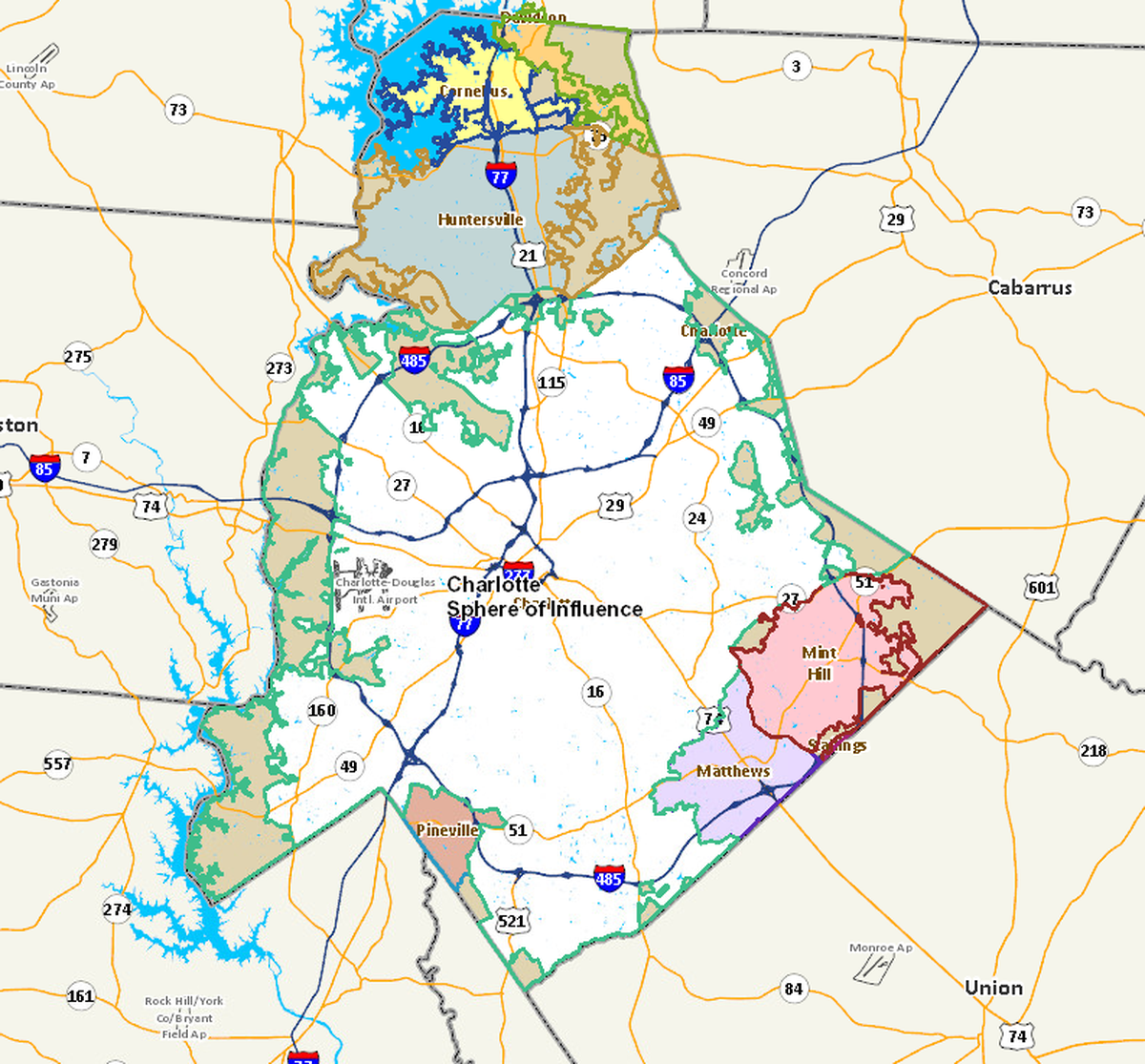 A Mecklenburg County map shows Charlotte’s extra-territorial jurisdiction outlined in green.