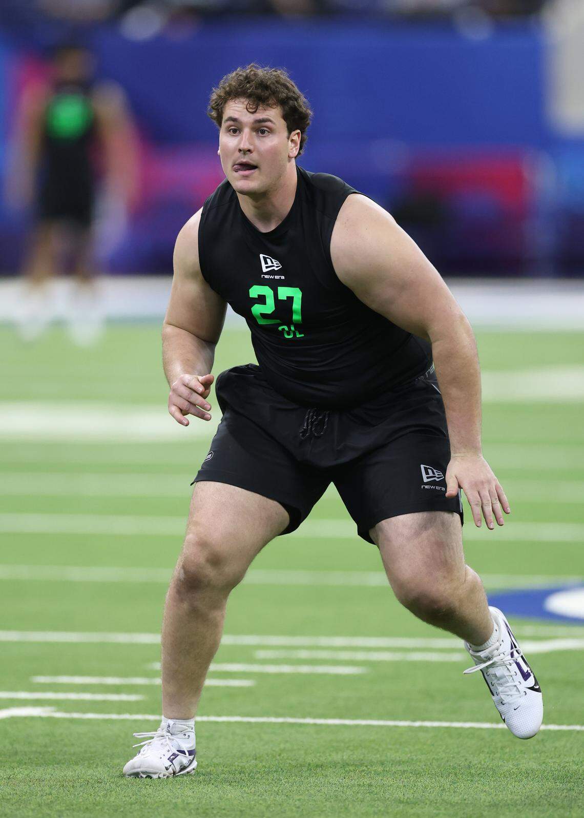 Kansas State’s Sam Hecht participates in a drill during the NFL Scouting Combine at Lucas Oil Stadium on March 1, 2026, in Indianapolis.