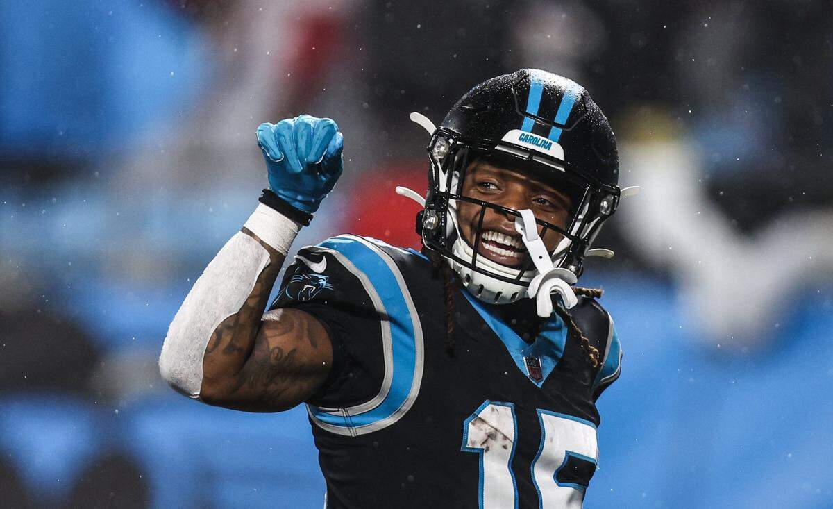 Carolina Panthers wide receiver Laviska Shenault Jr. celebrates a touchdown against the Atlanta Falcons on Thursday, November 10, 2022.