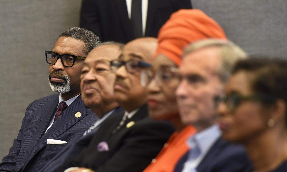 Derrick Johnson, far left, the president and CEO of the NAACP, announced during a press conference Monday, June 16, 2025, that President Donald Trump will not be invited to the organization’s upcoming NAACP convention in Charlotte. The 116th national convention begins on July 9 to 12, and the theme is “The Fierce Urgency of Now.”