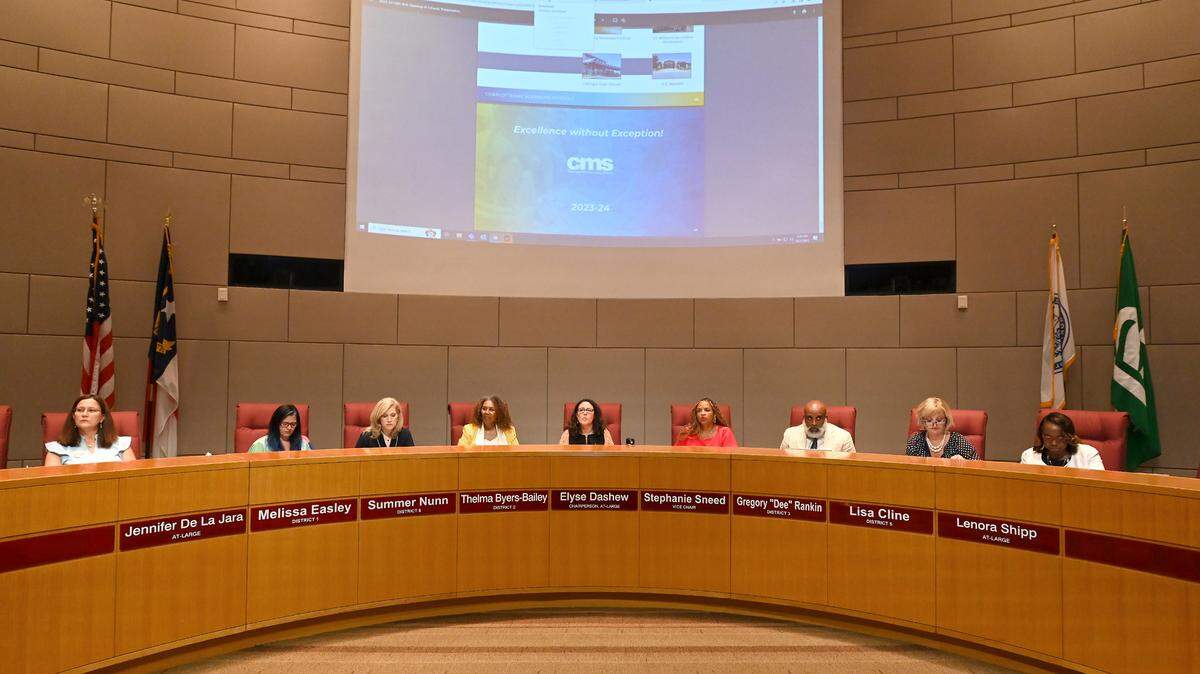 Charlotte Mecklenburg school board members listen to speakers during the board’s meeting at the Charlotte-Mecklenburg Government Center on Tuesday, August 22, 2023. CMS is one of the first to pass policies to comply with Senate Bill 49.