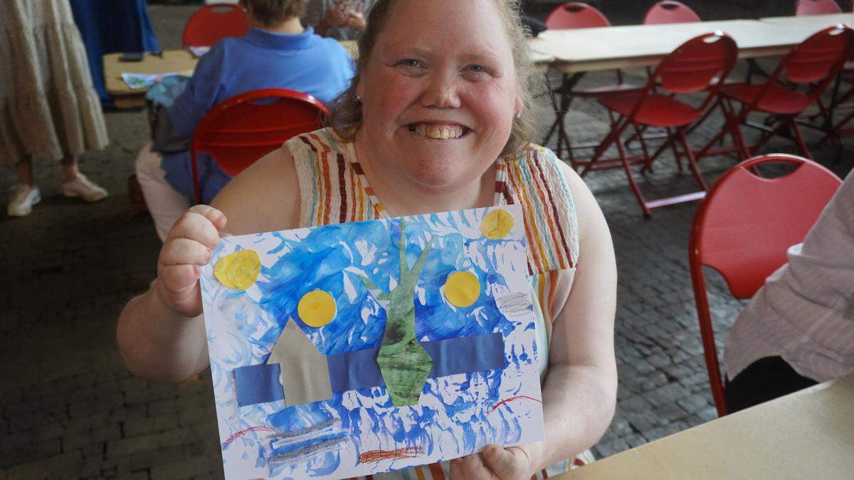Cheryl Tierney after attending the exhibit and creating her own art during a lesson with Bree Stallings of Blumenthal Performing Arts.