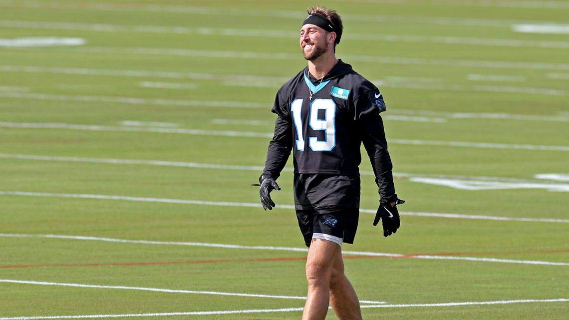 Carolina Panthers wide receiver Adam Thielen after sprinting down the field during practice on Monday, November 18, 2024.