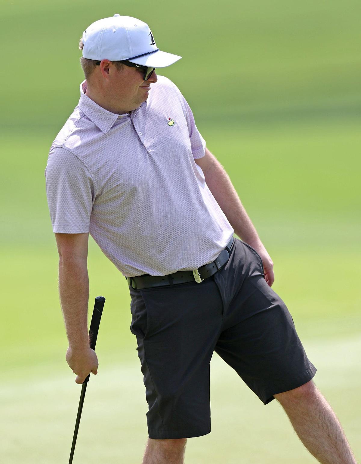 NASCAR Xfinity Series driver Cole Custer leans back and watches his putt on the 15th green during the Wells Fargo Championship Pro-Am at Quail Hollow Club on Wednesday, May 8, 2024.