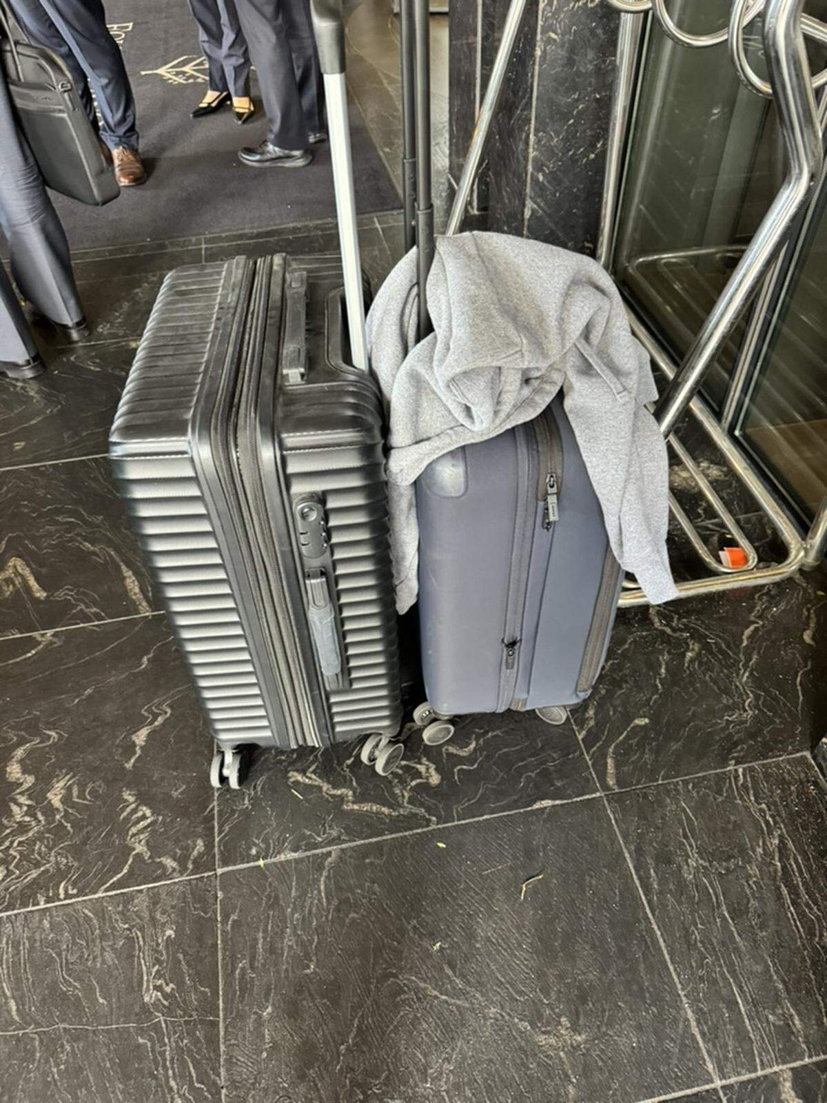 Théoden Janes’s luggage, ready to head from Seoul to Auckland. His $35 suitcase is at left.
