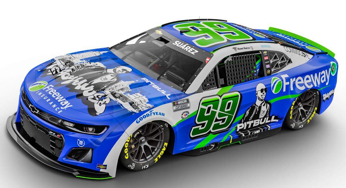 The No. 99 car Daniel Suarez will drive at Dover Motor Speedway on Sunday, April 30, 2023, featuring the art for Pitbull’s newest album.