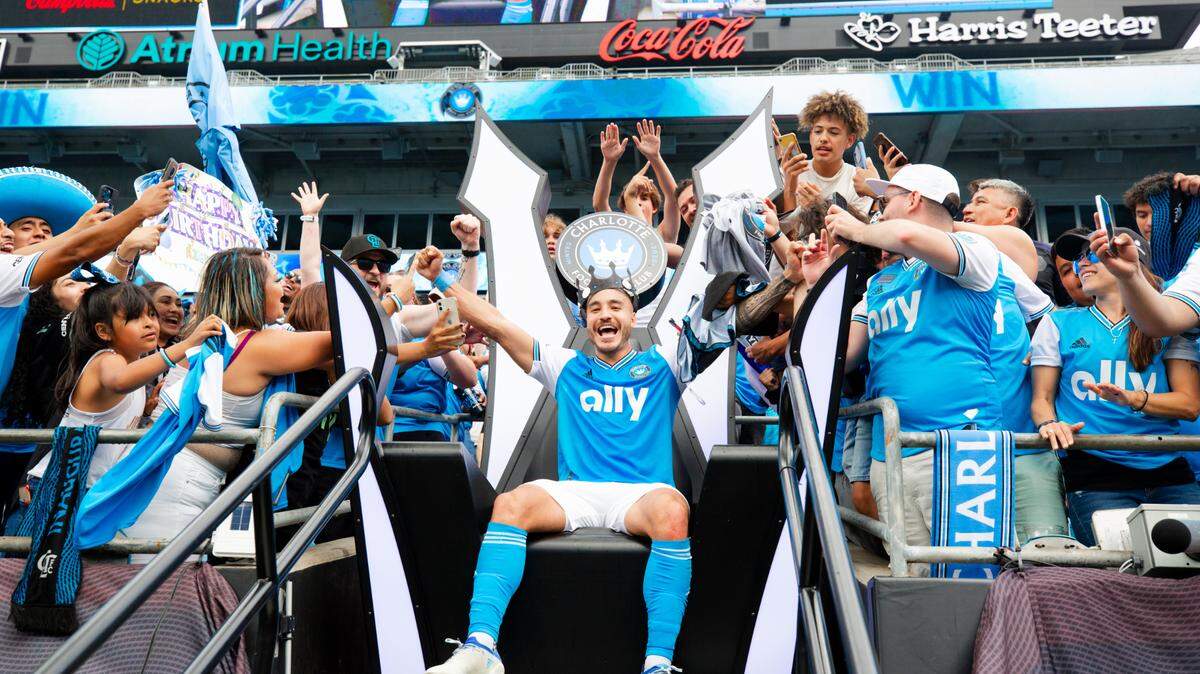 Charlotte FC’s Andre Shinyashiki celebrates with the home crowd on May 7, 2022. In his debut for Charlotte FC, Shinyashiki came on as a substitute and scored the match’s only goal. Charlotte FC won, 1-0, for its fourth straight home win at Bank of America Stadium.