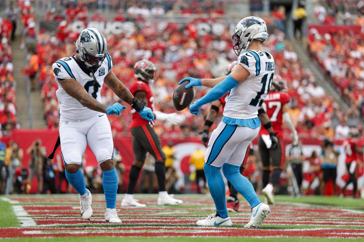 Carolina Panthers wide receiver Adam Thielen (19) celebrates after scoring a touchdown against the Tampa Bay Buccaneers in the first quarter at Raymond James Stadium in Tampa, Fl. on Sunday Dec 29, 2024