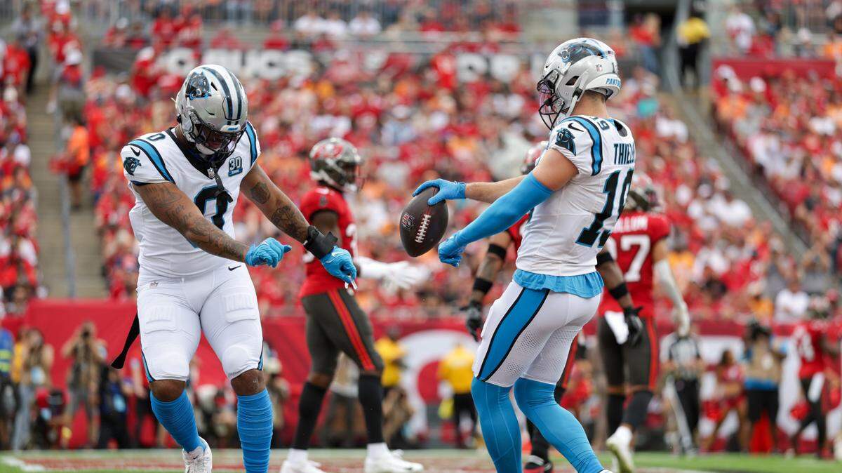 Carolina Panthers wide receiver Adam Thielen (19) celebrates after scoring a touchdown against the Tampa Bay Buccaneers in the first quarter at Raymond James Stadium in Tampa, Fl. on Sunday Dec 29, 2024