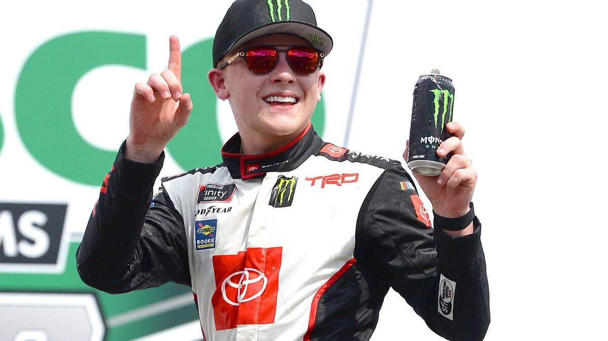 NASCAR Xfinity Series driver Ty Gibbs celebrates winning the 40th Annual Alsco Uniforms 300 in Victory Lane at Charlotte Motor Speedway in Concord, NC on Saturday, May 29, 2021.