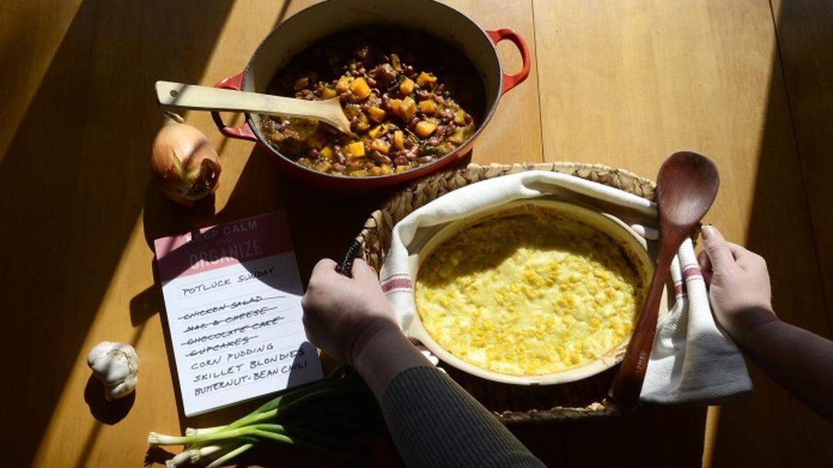 Some people experience a near-panic when preparing a dish for a potluck dinner. Here are some dishes that are certain to ease the pressure: butternut-bean chili (top left) and corn pudding.