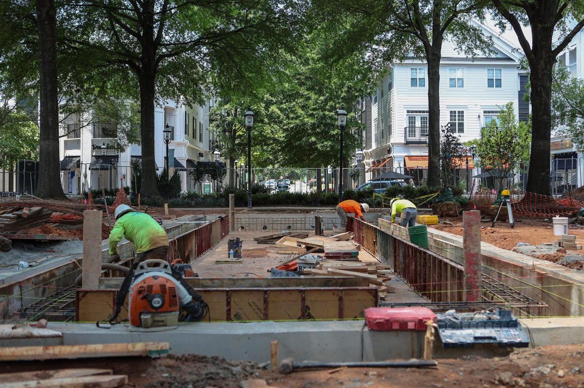 Construction of a large fountain is underway at Birkdale Village in Huntersville. It’s part of a $20 million renovation and is expected to open by the end August.