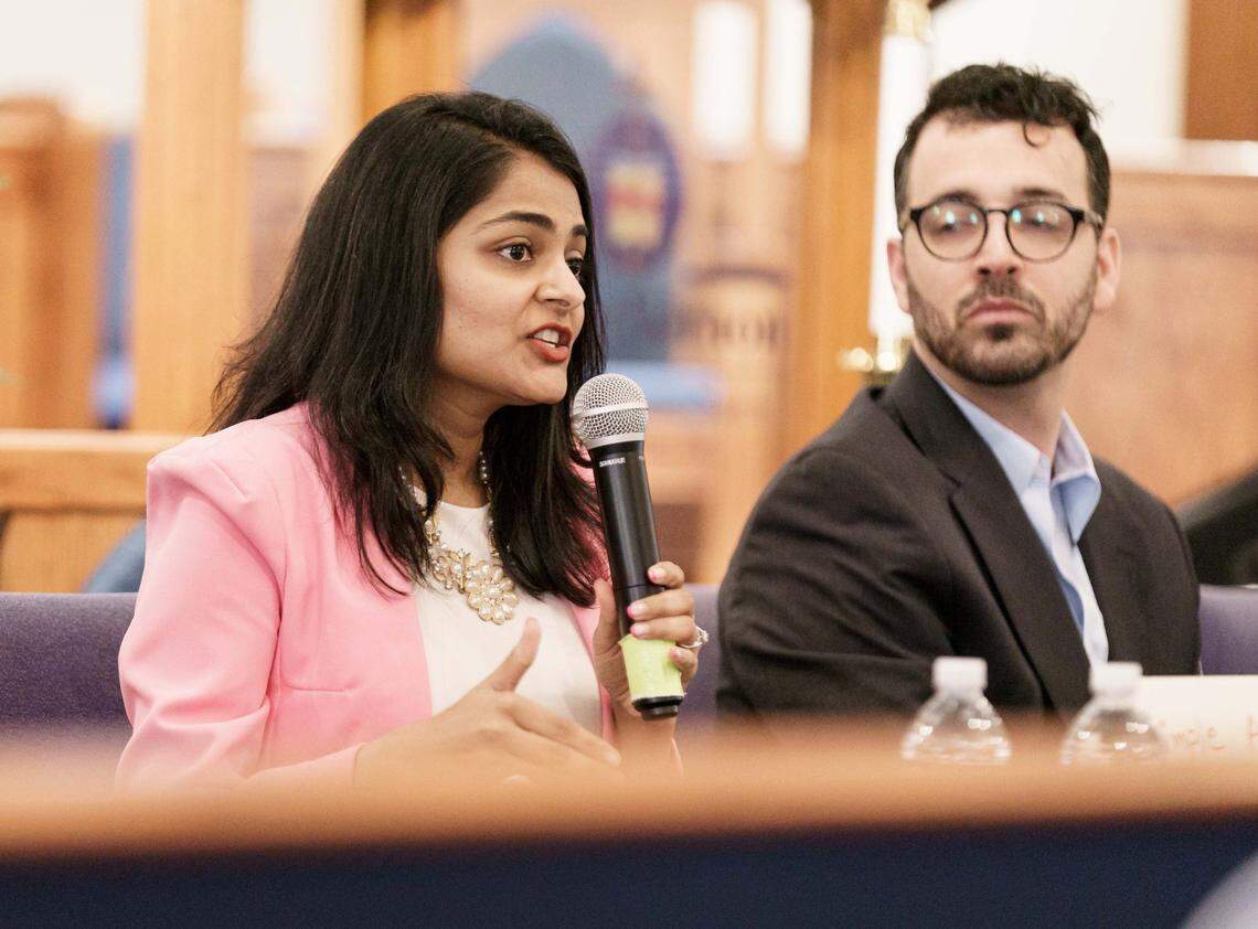 Current City Council member Dimple Ajmera (center) participaing in the Black Political Caucus forum. Saturday April 2, 2022.