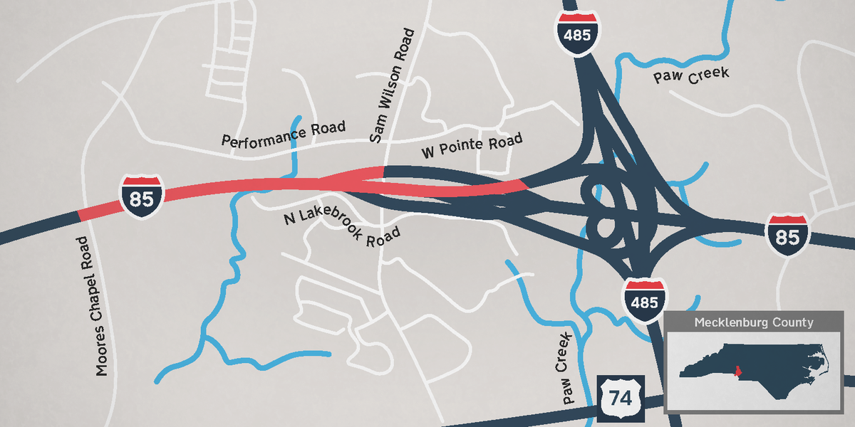 Expect overnight lane closures as a contractor begins improving the chronically congested I85/I485 interchange near Charlotte’s airport on Monday, Oct. 6.