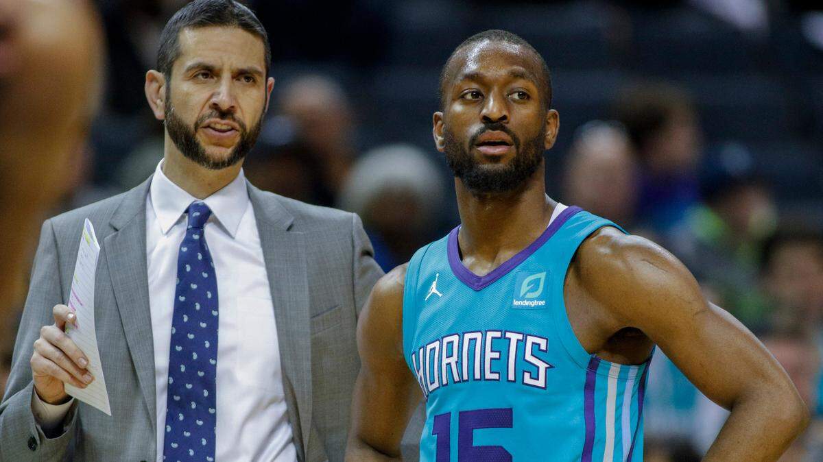 Charlotte Hornets head coach James Borrego, left, only got to coach guard Kemba Walker for a year. Walker had his best season under Borrego in 2018-19, averaging more than 25 points per game and making third-team All-NBA.