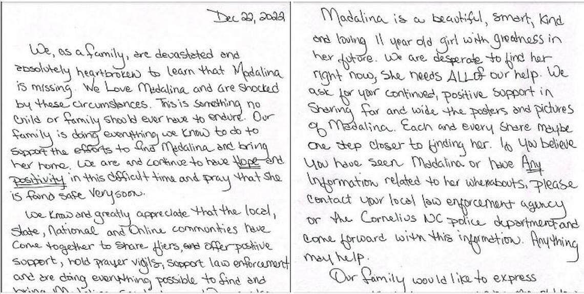 A letter released by police reportedly from a relative of Madalina Cojocari.