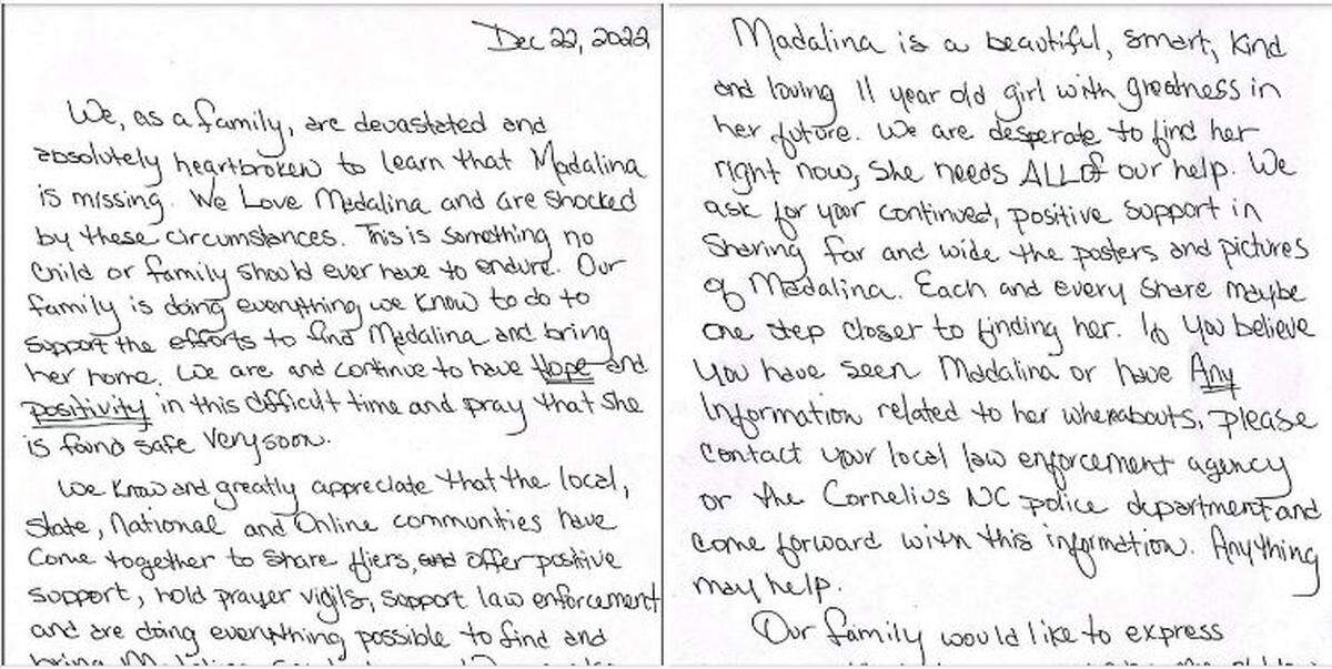 A letter released by police reportedly from a relative of Madalina Cojocari. 