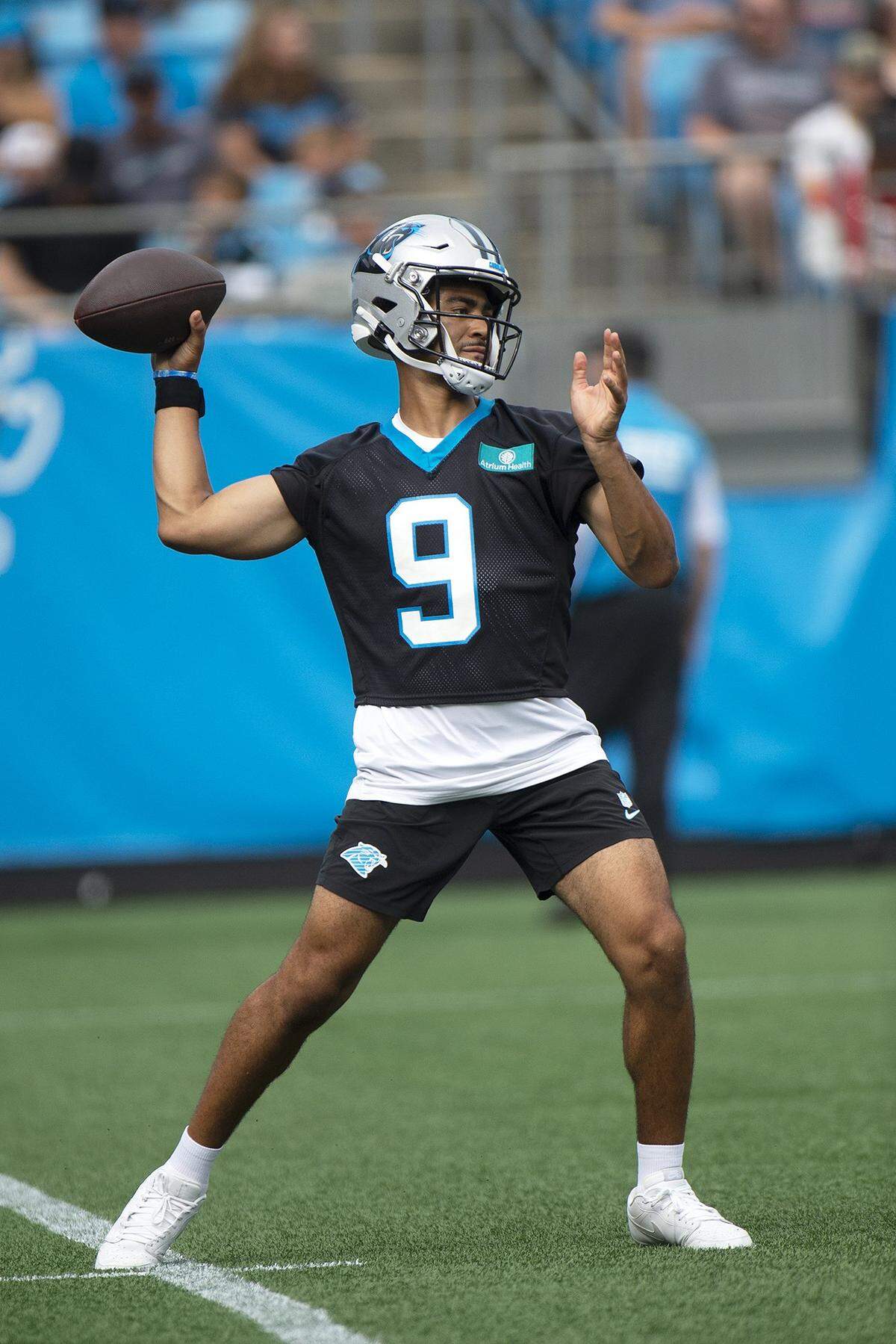 Panthers QB, #9, Bryce Young, made some nice throws during practice Saturday. Fans celebrated the return of Panthers’ football during practice at Bank of America Stadium on Saturday, July 27, 2024 as part of the annual Back Together Saturday event. Practice, which began at 9:30 a.m., included performances by the Panthers entertainment group and activities for fans. Fans cheered on players like Bryce Young (#9), Xavier Legette (#17), Damien Lewis (#68) and head coach Dave Canales.