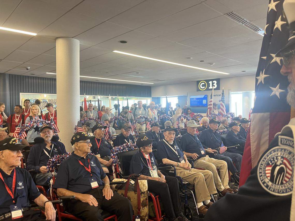 World War II veterans gather at Charlotte Douglas Airport for Soaring Valor, a national initiative to provide flights to veterans to visit the National WWII Museum in New Orleans.