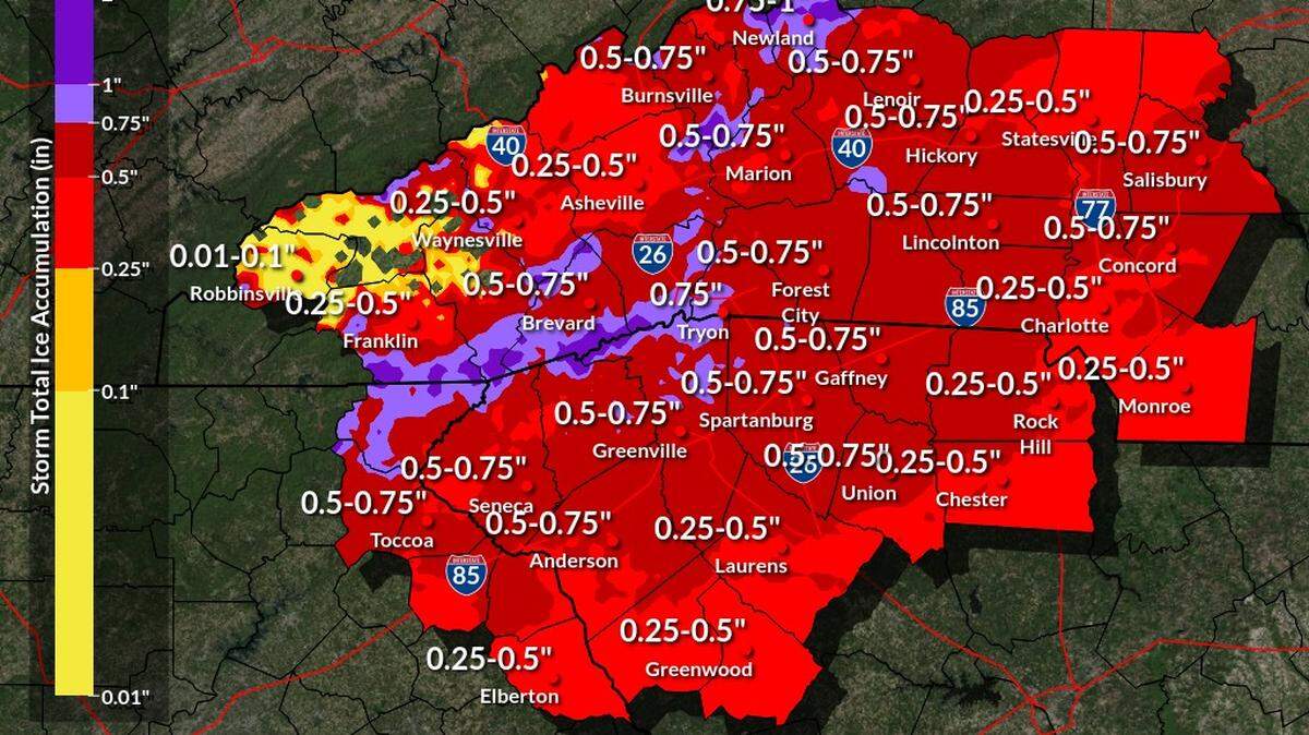 Charlotte can expect up to a debilitating half-inch of ice from the winter storm forecast to bring freezing rain to Mecklenburg and surrounding counties late Saturday through Sunday, National Weather Service meteorologists said.
