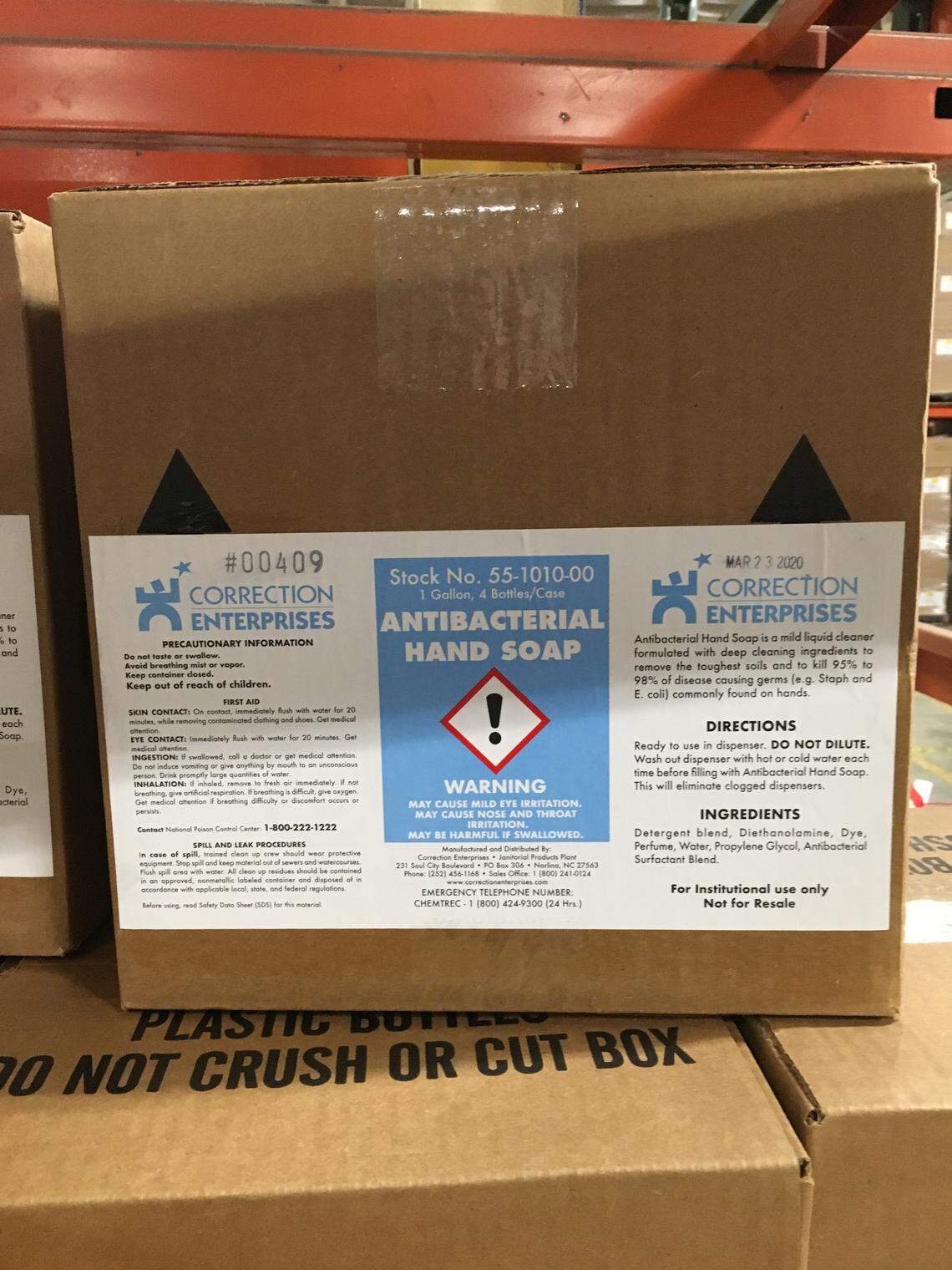 At Warrenton Correctional Institution, inmates manufacture cases of antibacterial hand soap.