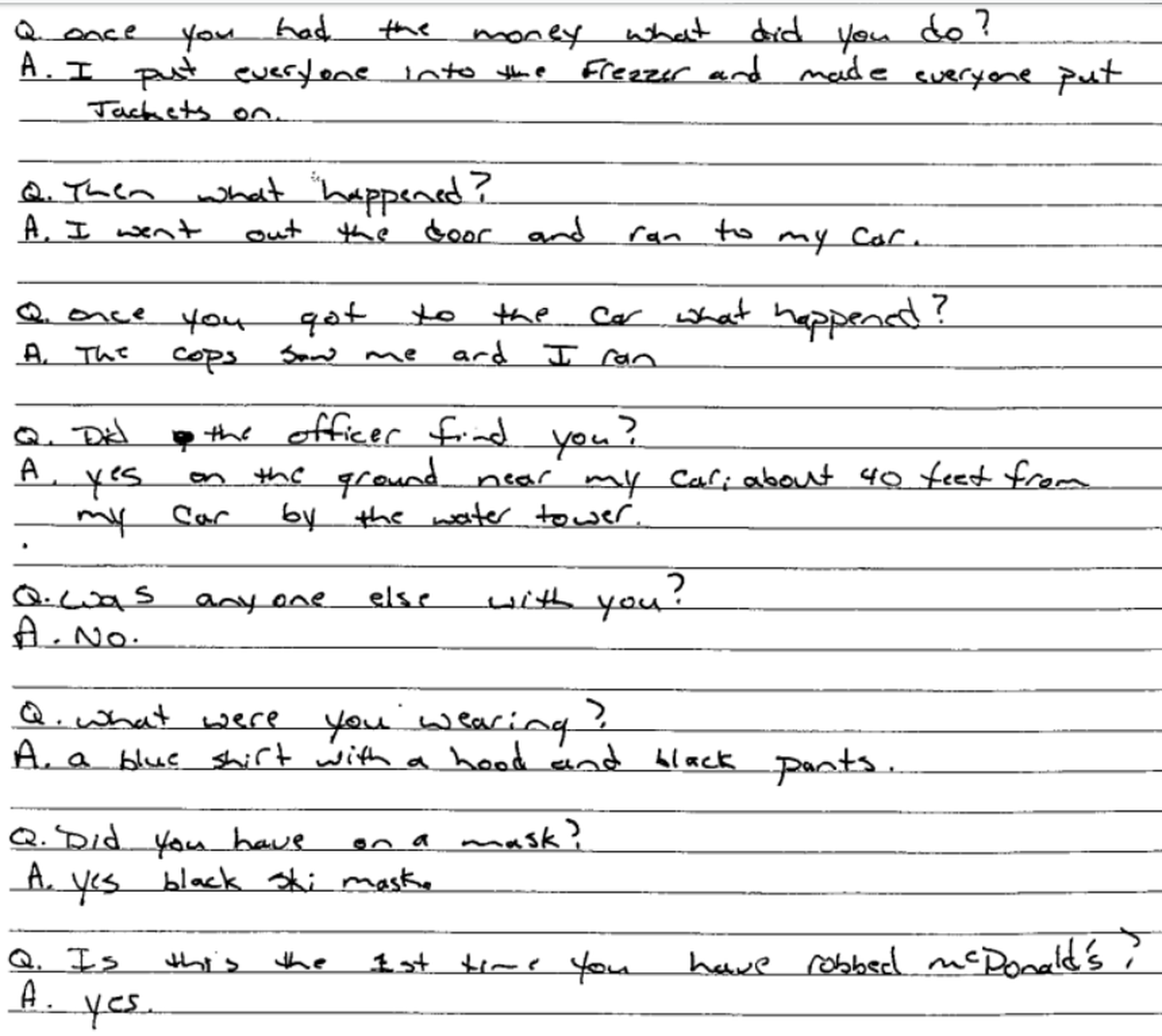 Photo of a Belmont Police Department officer’s notes as he interviewed Jeffrey Manchester about how he robbed a McDonald’s on Saturday, May 20, 2000.
