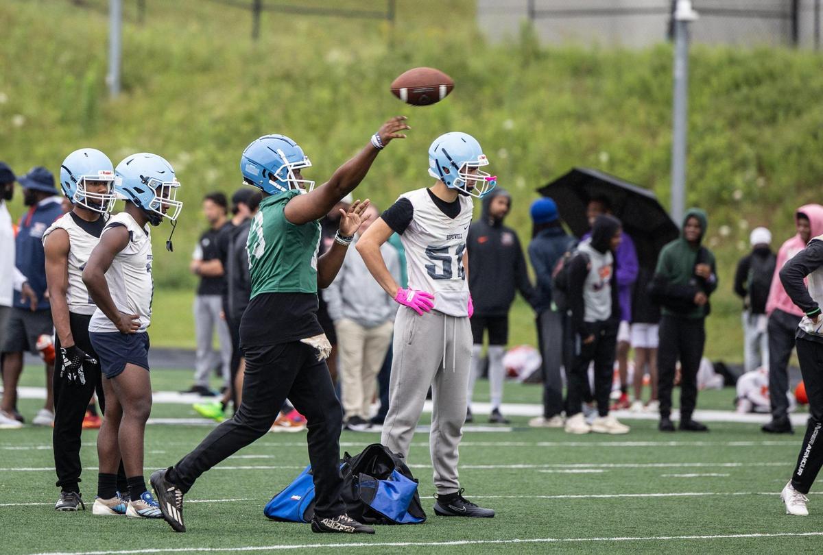 Hopewell practices during CMS Prospect Day at Mallard Creek High School in Charlotte, N.C., on Monday, May 12, 2025.