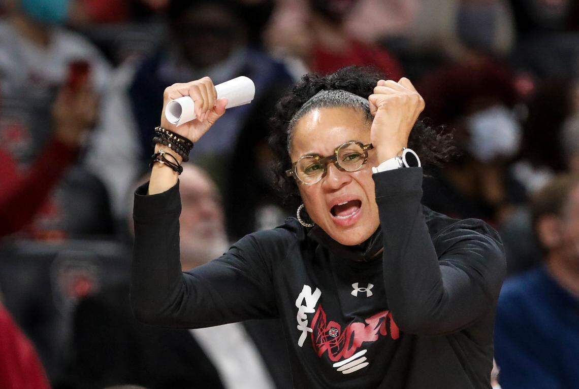 University of South Carolina Head Coach Dawn Staley during an exhibition game against Benedict on Monday, Nov. 1, 2021 in the Colonial Life Arena.