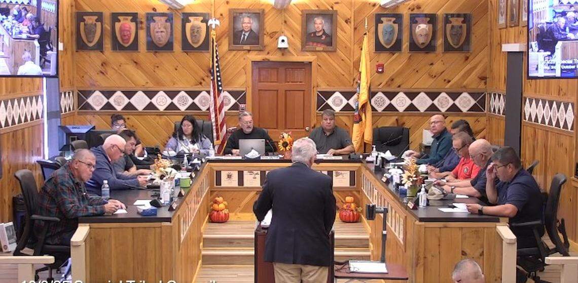 Michael McConnell, attorney general of the Eastern Band of Cherokee Indians, addresses the tribal council at a special session on Friday, Oct. 3, 2025.