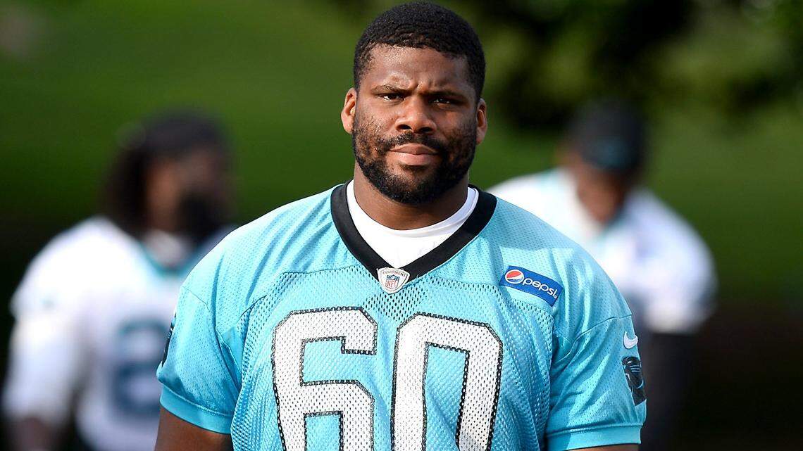 Carolina Panthers tackle Daryl Williams , shown in a file photo, returned to practice on Sunday after missing time with a torn MCL and dislocated patella, but rushing him back to play in the season opener against Dallas would be a big risk.