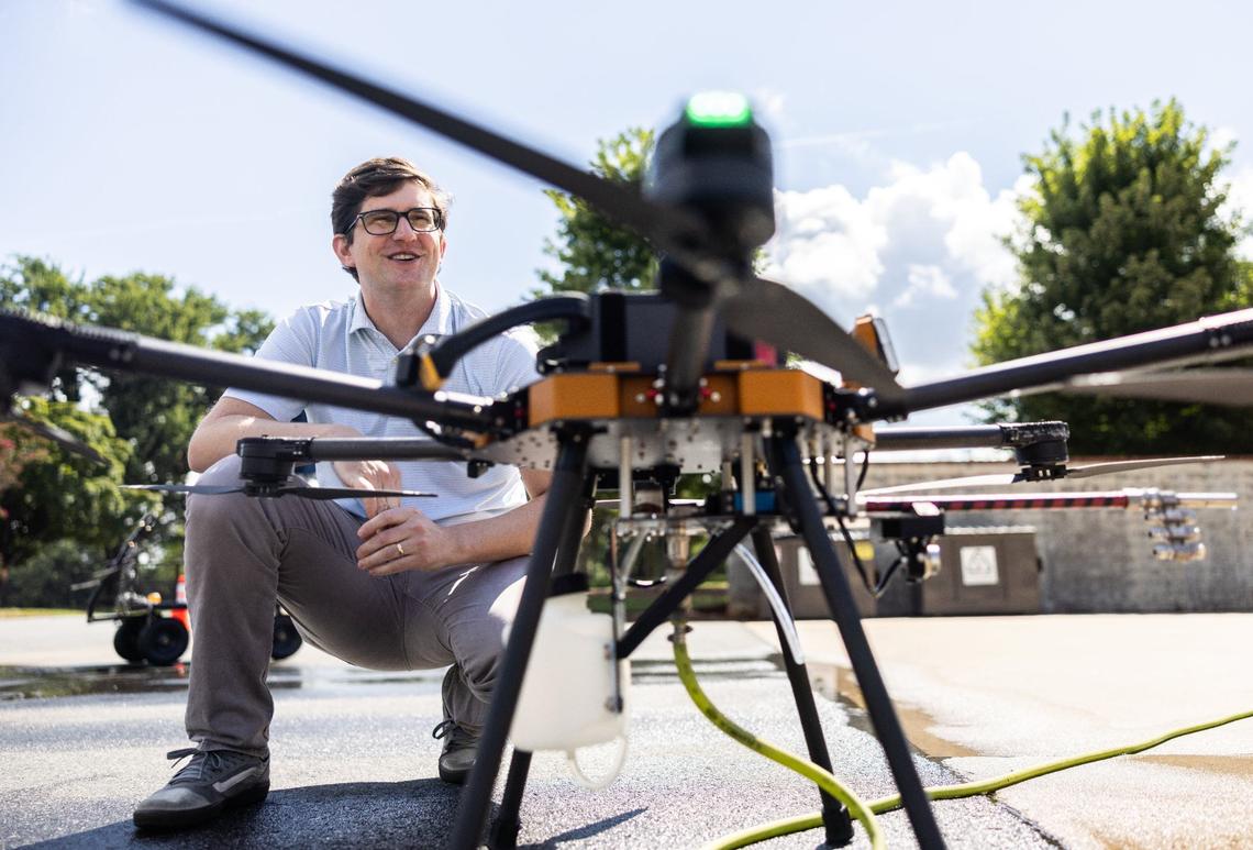 Robert Blank, Lucid Bots head of product, talks Tuesday, July 24, 2024 about the Sherpa drone. The Charlotte company purchased Avianna, an AI company that enables robots to understand human language and operate autonomously.