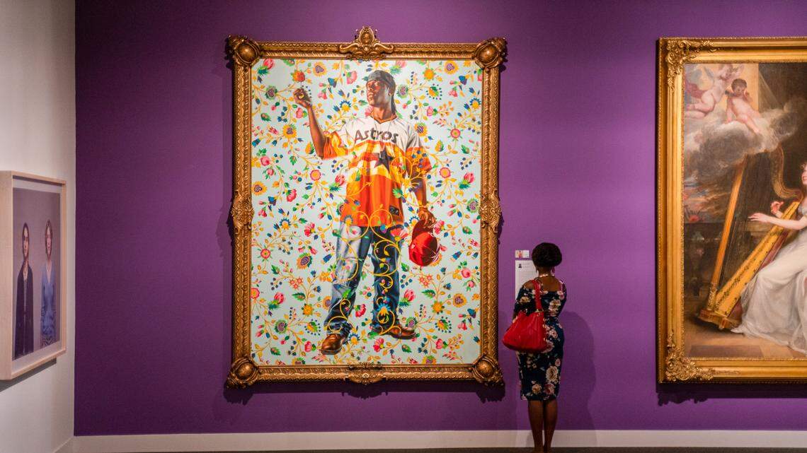 New York-based artist Kehinde Wiley’s Philip the Fair, 2006, oil on canvas is on exhibit at Mint Museum Uptown in Charlotte.
