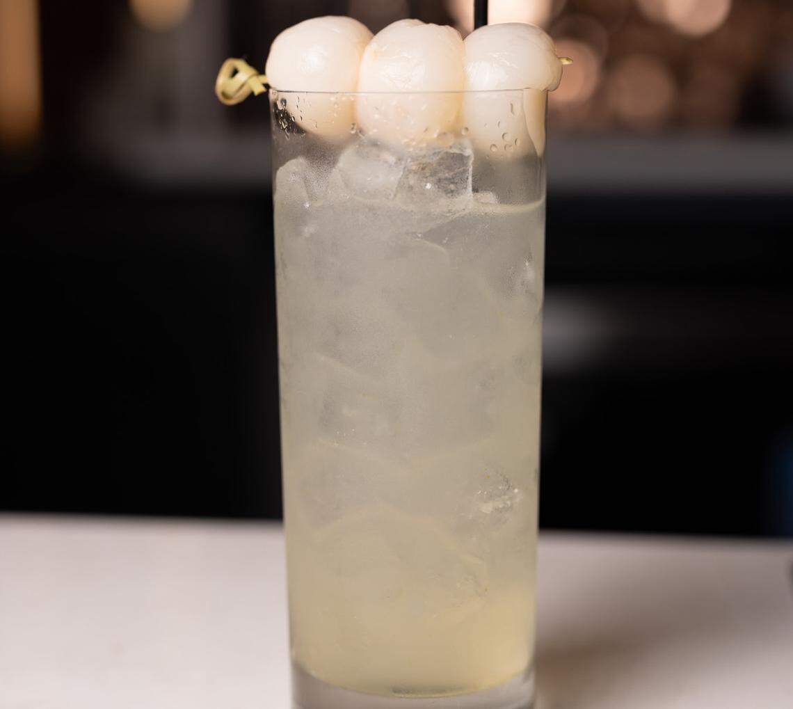 Flame Bistro & Bar’s Baijiu Breeze inlcudes Baijiu, elderflower, pineapple juice and lime juice with a lychee skewer.
