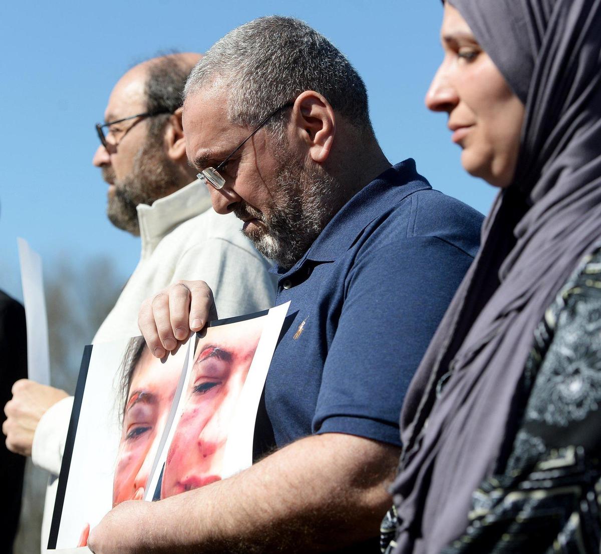 The Jasim family, parents of a female Muslim student at Ardrey Kell High School, are calling for a hate crime investigation after their daughter was attacked in math class, receiving multiple broken bones to her face. The victims father and mother (center and right) held photos of their daughter’s injuries. The alleged male attacker, reportedly a member of the school’s football team, became angry after the female student refused to respond to his taunts about her wearing a hijab.